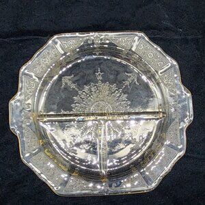 Vintage Federal Glass Divided Serving Plate With Punched Handles Design Uranium